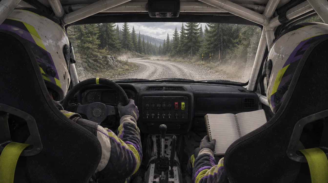 Dari kursi belakang: driver dan co-driver berhelm di dalam roll cage, co-driver memegang buku notes terbuka, jalan kerikil hutan berbelok kiri di balik kaca