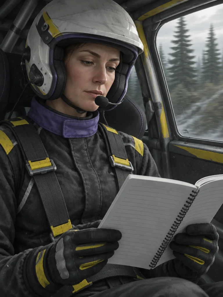 Co-driver perempuan berhelm terbuka dengan mikrofon intercom membaca buku notes bergaris di dalam mobil